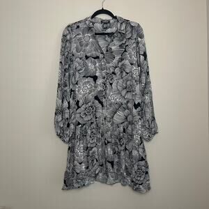 NWT Express Black White Floral tiered Collared Button Shirt Dress Office Sz S